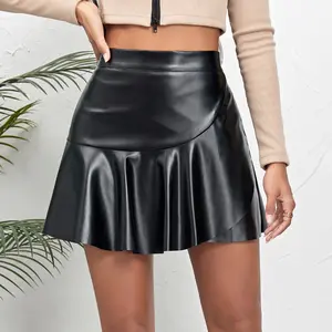 Women's High-Waisted Ruffled Asymmetrical Leather Mini Skirt - Fashionable & Sexy Womenswear Bottom Spring Summer 2026