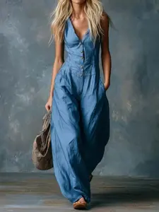 2026 Summer New Women's Lightweight Loose Sleeveless Ethnic Tribal Denim Romper, Trendy Fashion for Warm Weather