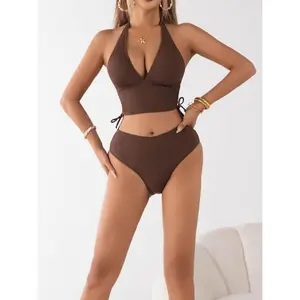 Women's 2-Piece Brown Ribbed Fabric Bikini Set - Halter Deep V-Neck, High-Waisted Tummy-Flattering Wire-Free Custom-Fit High-Rise Lace-Up Adjustable Tie-Front Bathing Suit, Tummy-Flattering Bikinis Bottoms, Wire-Free Bikinis Bottoms