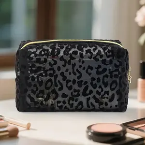 Women's Elegant Leopard Print Travel Cosmetic & Makeup Organizer - Black & Golden-Tone Transparent Toiletry Case with Golden-Tipped Zipper, Durable Portable Storage Bag with Mesh & Solid Compartments, Stylish Gift for Home or Travel (Black, Golden, Brown)
