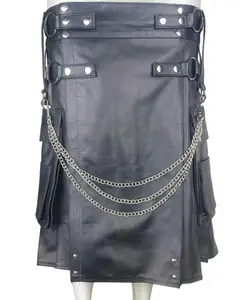 Men’s Black Leather Chain Kilt | Gothic Steampunk Utility Kilt for Men | Real Leather Punk Kilt | Custom D-Rings Cargo Pocket Festival Kilt