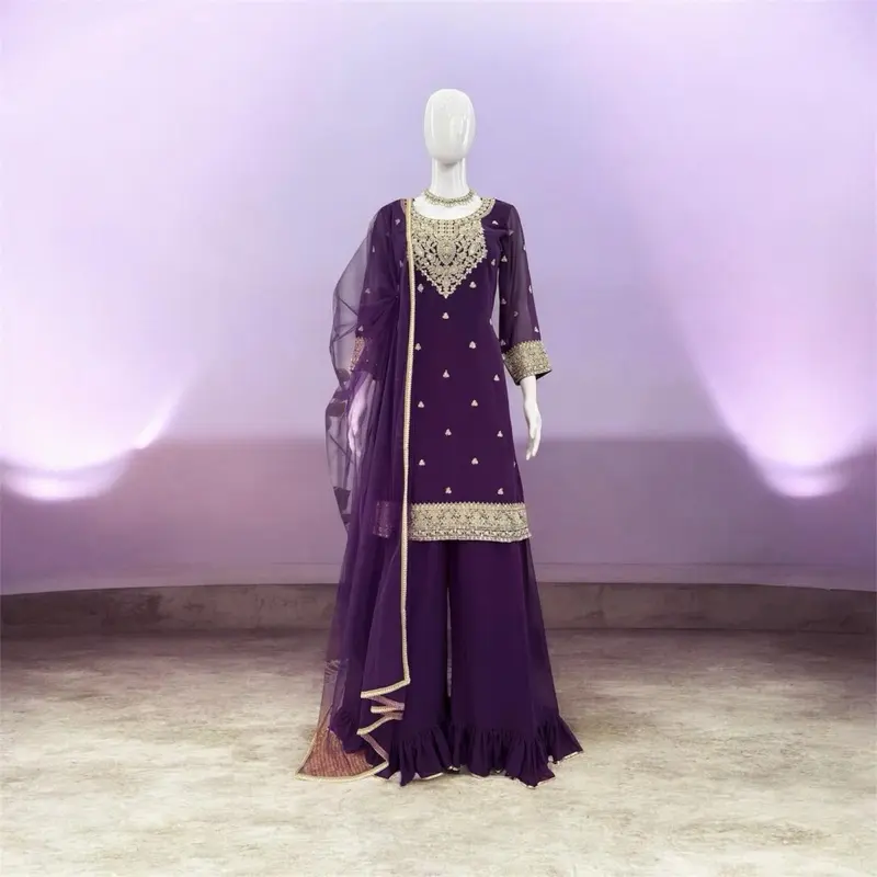 Designer Purple Frilled Georgette Plazo Set, Perfect for Casual & Formal Occasions Womenswear Clothes