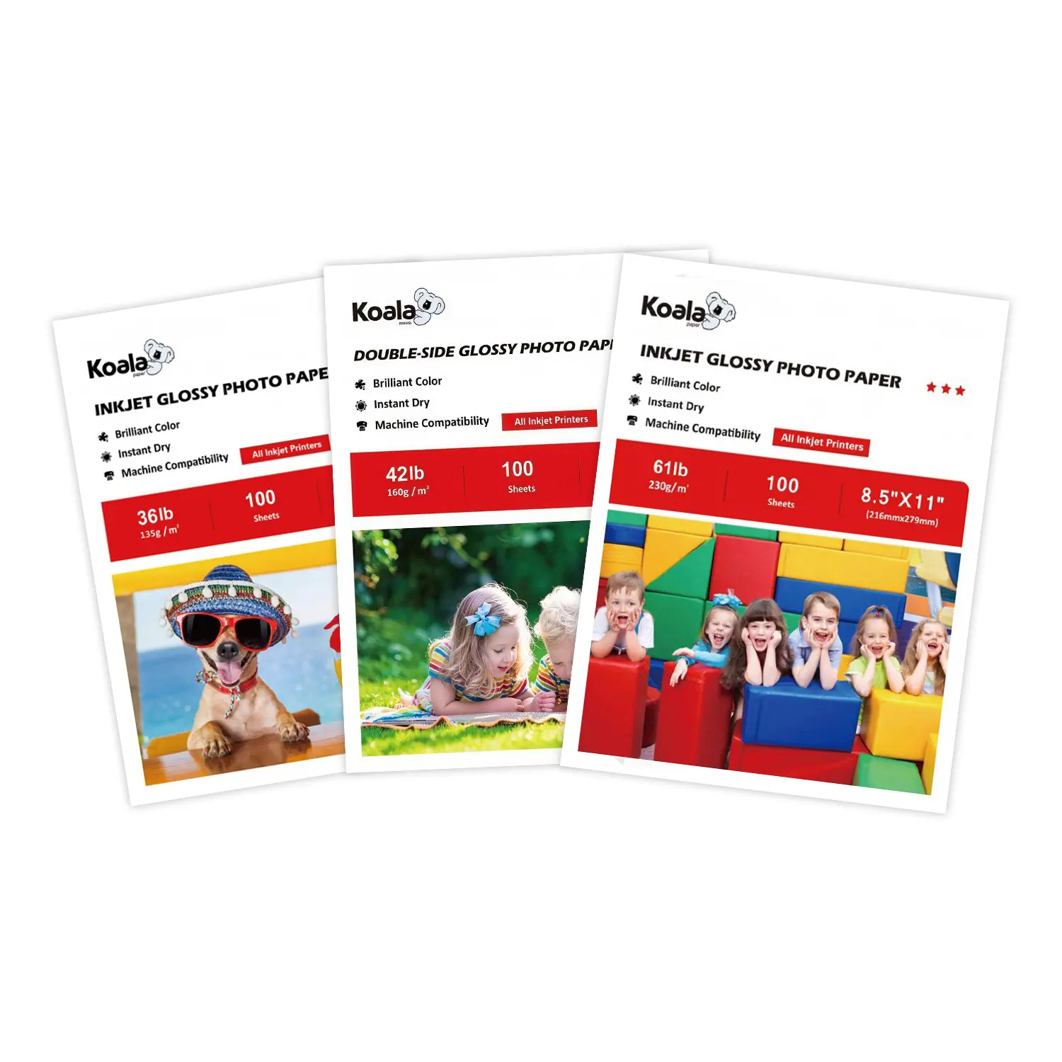 Glossy Photo Paper Bundle, Koala 3-Weight (135gsm, 160gsm, 230gsm) for Chip Bags, DIY Crafts