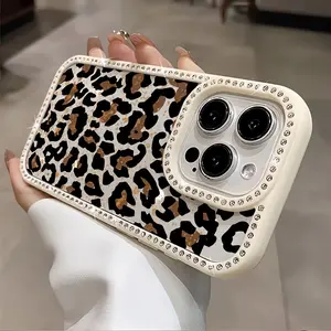 Fashionable and luxurious phone case featuring a dark brown leopard print pattern and a full-screen starry sky design with sparkling diamond edges Suitable for iPhone 17-11 promax, etc.anti-dirt, anti-drop, exquisite phone case is best choices for gifts