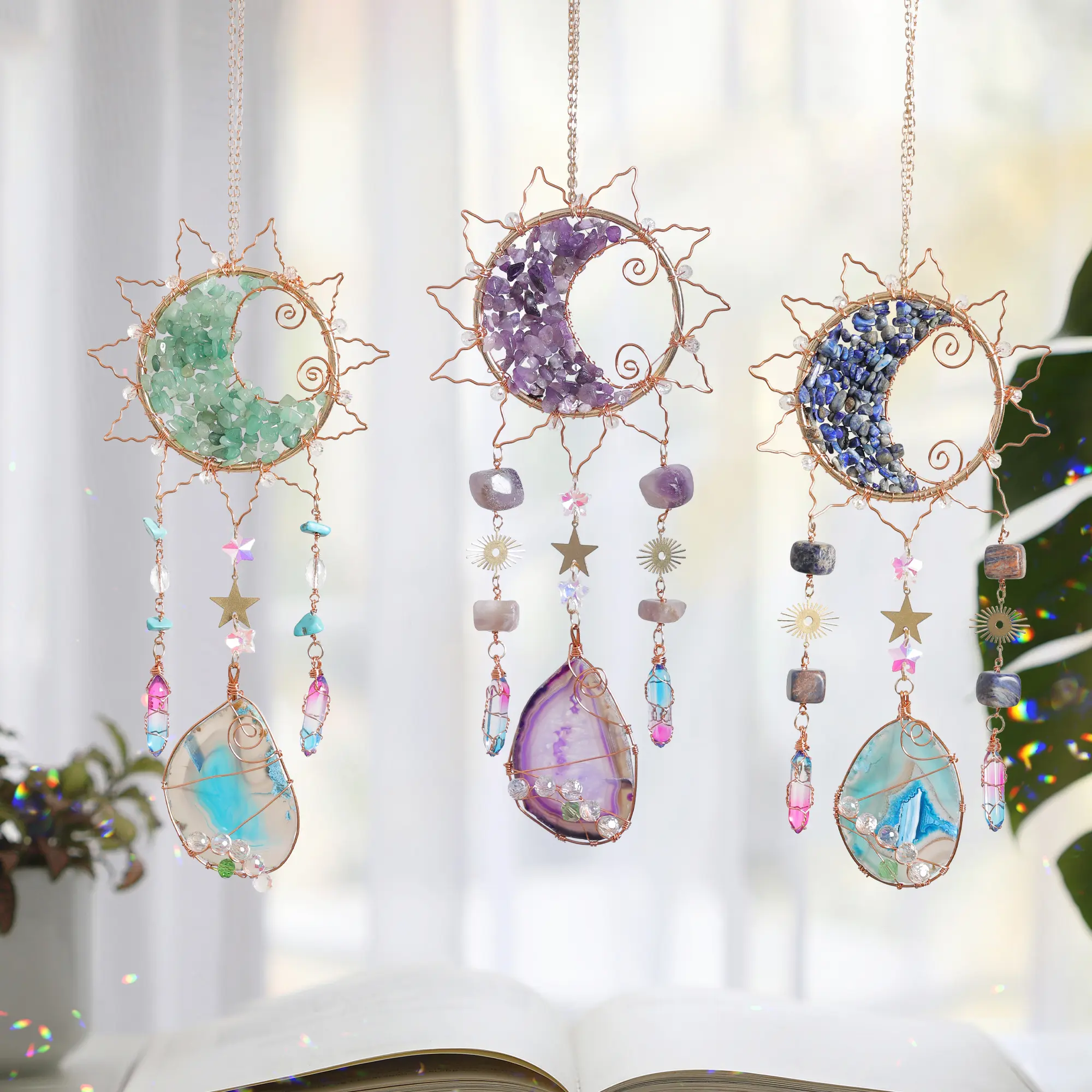 Handmade Little Sun Design Dream Catcher Copper Wire Wrapped Gemstone Sun Capturer Unique Home Decoration for Living Room and Garden Perfect Birthday Christmas Gifts for Boys Girls
