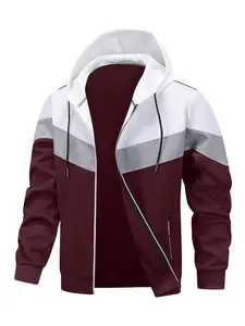2026 Men's Patchwork Zip Up Hooded Jacket Windproof Long Sleeve Casual Sweatshirt Outdoor Sports Outerwear All Season Street Fashion