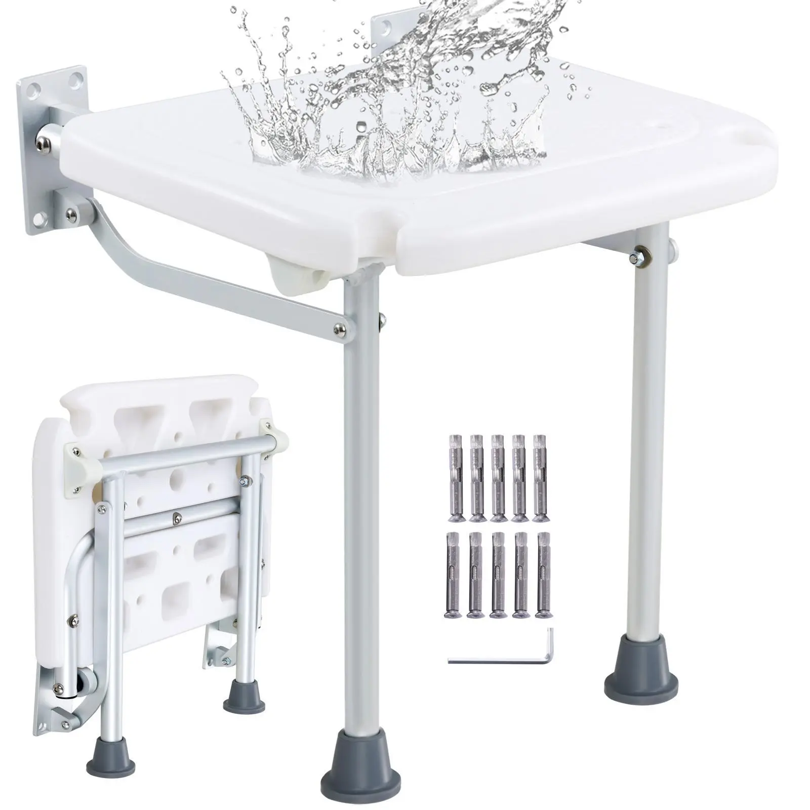 VEVOR Folding PE Shower Seat, 15.7'' x 14.8'' Unfolded, Wall Mounted Fold Up Shower Bench with 500 lbs Load Capacity, Space Saving Fold Down Shower Chair for Seniors Pregnant Women Children Adults#BackToSchool