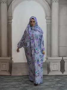 Women's Ditsy Floral Print Contrast Lace Zipper Long Sleeve Arabian Dress with Hijab, Elegant Drop Shoulder Long Dress for Muslim, Ladies Modest Islamic Clothing for All Seasons