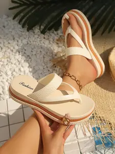 2026 Summer Colorblock Thick Sole Sandals for Women, Braided Strap Wedge Heel, Beach Wear, Soft Anti-Slip, Trendy Layered Sole