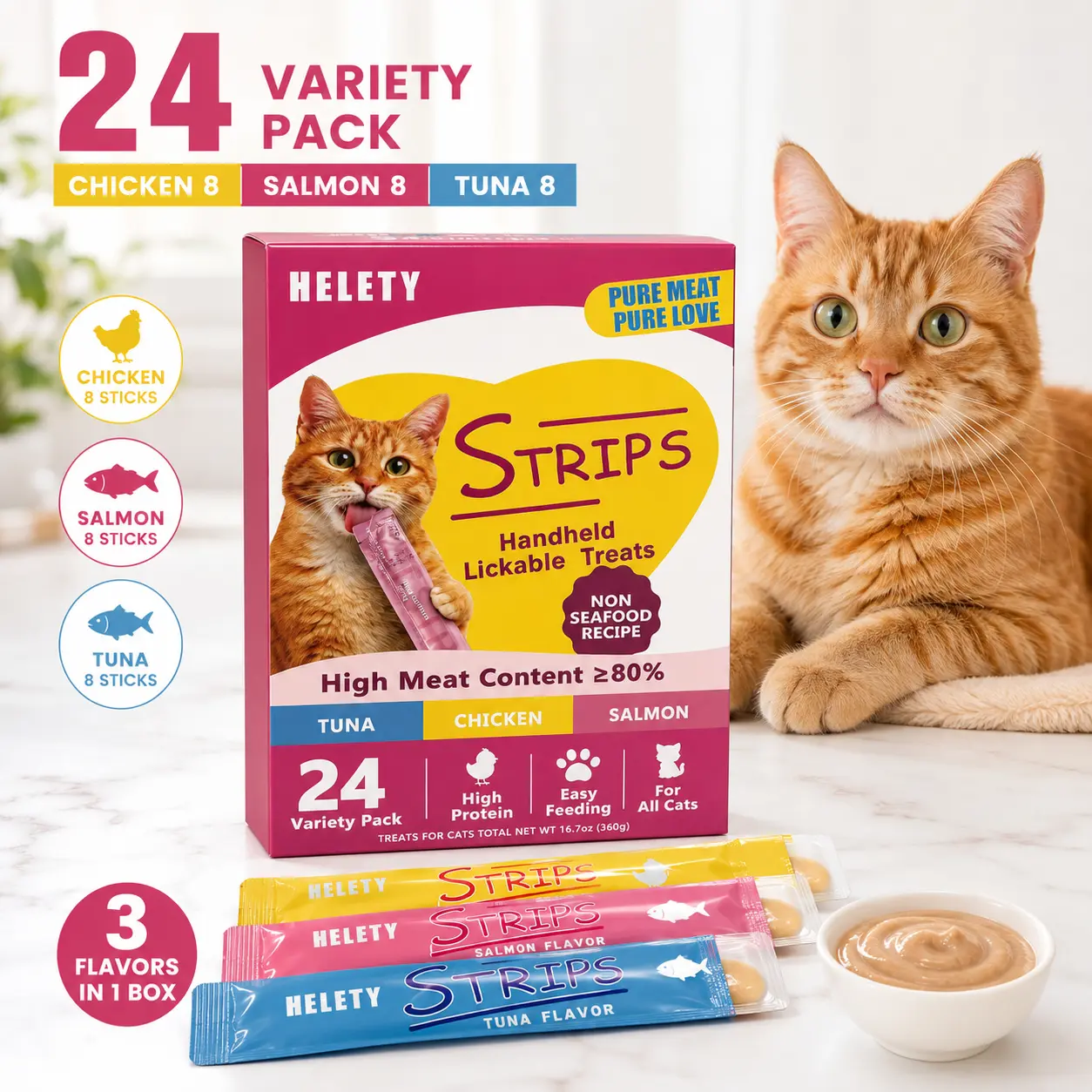 Lickable Cat Treats 24 Pack, Creamy Cat Snack Tubes Variety Pack, Chicken Salmon Tuna Flavors, Interactive Feeding Rewards for Cats, Soft Wet Treat Sticks for All Cats