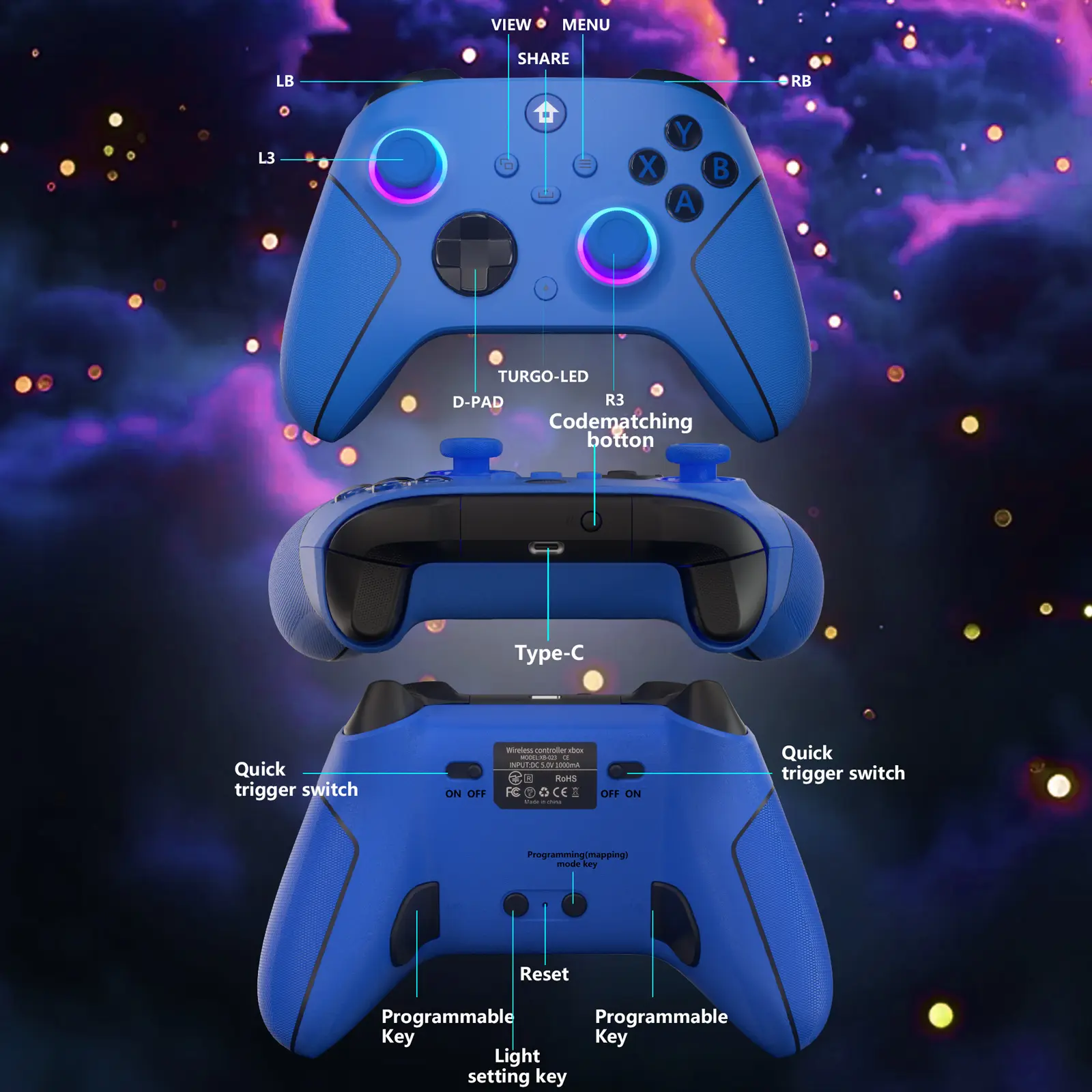 YUYIU Wireless HallEffect Controller for Xbox Series X|S & Steam PC with 7  RGB Lights Dual Vibration Turbo Programmable 3.5mm Audio Jack 1000mAh  Battery - TikTok Shop