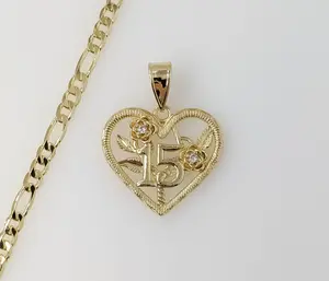 Plated Heart "My 15" Quince 4mm Figaro Chain Necklace