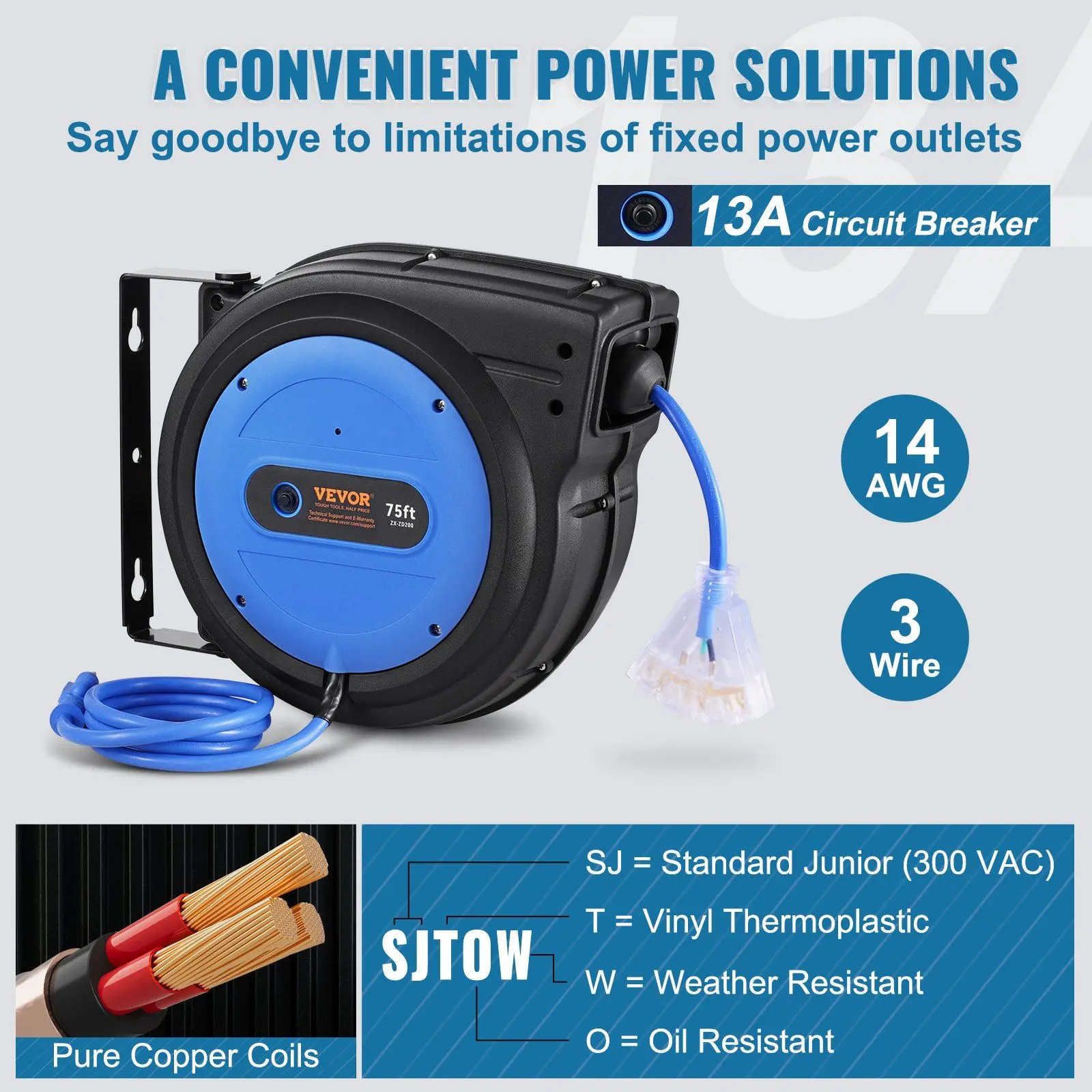 VEVOR Automatic Retractable Extension Cord Reel, Corded Garage Tool with 4.5 ft Lead-in Cable, 75 ft 14AWG/3C SJTOW Line & Built-in Automatic Retractable System