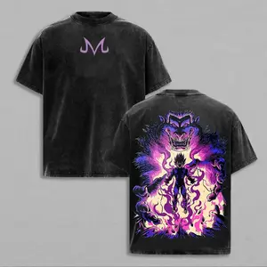 Vintage Washed Majin Vegeta Anime Print T-Shirt, Loose Acid-Washed Cotton Street Style Unisex T-Shirt, Retro Manga Ape Print Casual Top Gift for Anime Fans and Otaku