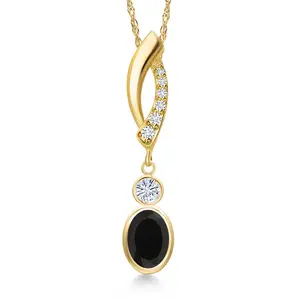Gem Stone King 14K Yellow Gold Black Onyx and White Moissanite and Lab Grown Diamond Pendant Necklace for Women | 0.86 Cttw | Gemstone December Birthstone | Oval 7X5MM | With 18 Inch Chain