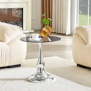 Modern Silver Metal Round Side Table, 19.6 Inch Diameter Clear Glass Top End Table, Minimalist Accent Coffee Table, Small Portable Side Table for Sofa Bedroom Living Room Patio Home Decor