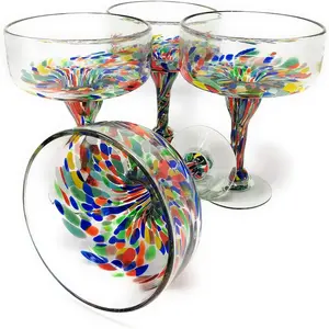 Mexican Hand Blown Glass Set of 4 Hand Blown Margarita Glasses Confetti 16 oz