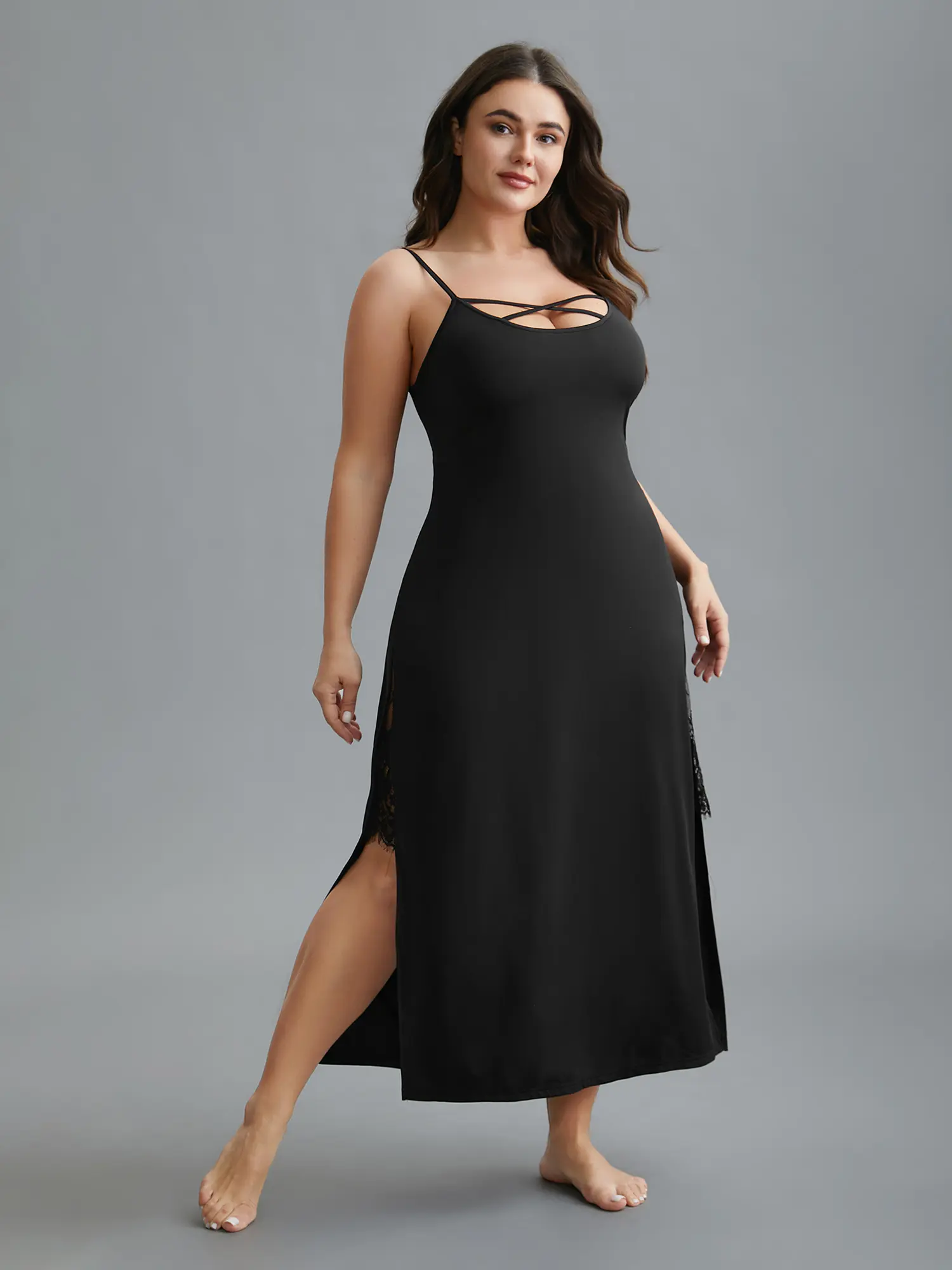 BLOOMCHIC Women's Minimalist Solid Crisscross Lace Trim Sleeveless Garment - Basic Nylon Fabric Nightwear Loungewear with Slit Hem, Flattering Fit for Summer Swimweek, Summerfinds
