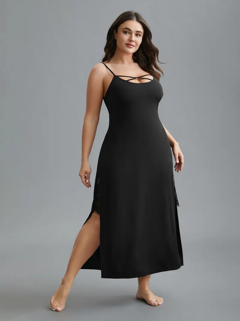 chinese dress ladies Lace Trim Slit Nightgown, Lace Trim Side Slit Bowknot Decor Modal Sleep  Dress, Plus Size Cami Sleep Dress for Women (Black,Small) at Amazon Women's  Clothing store main image 0