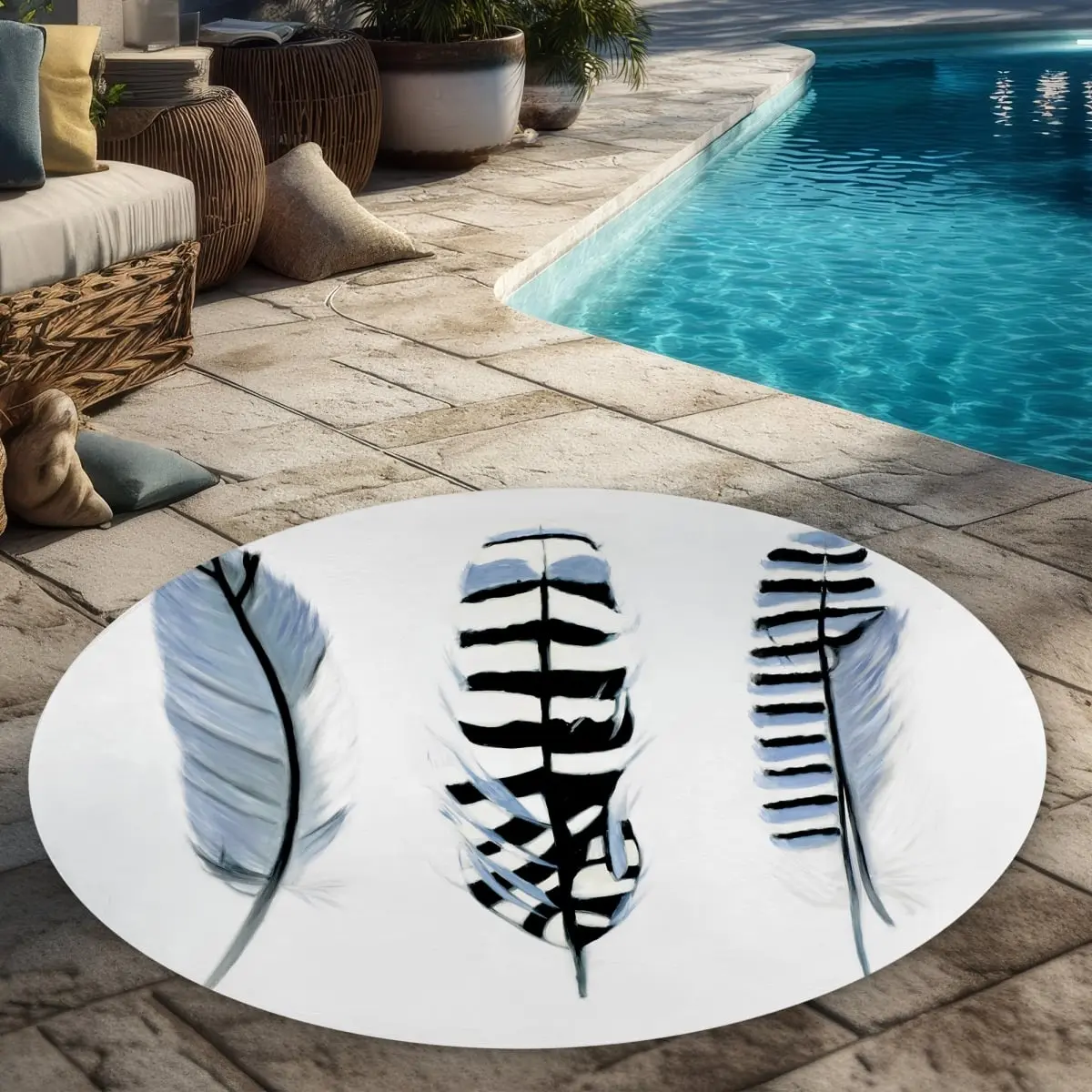 Begin Home Decor C1COAR555C4172 5 x 5 ft. Delicate Feathers - Bohemian Round Outdoor Area Rug for Home Decor