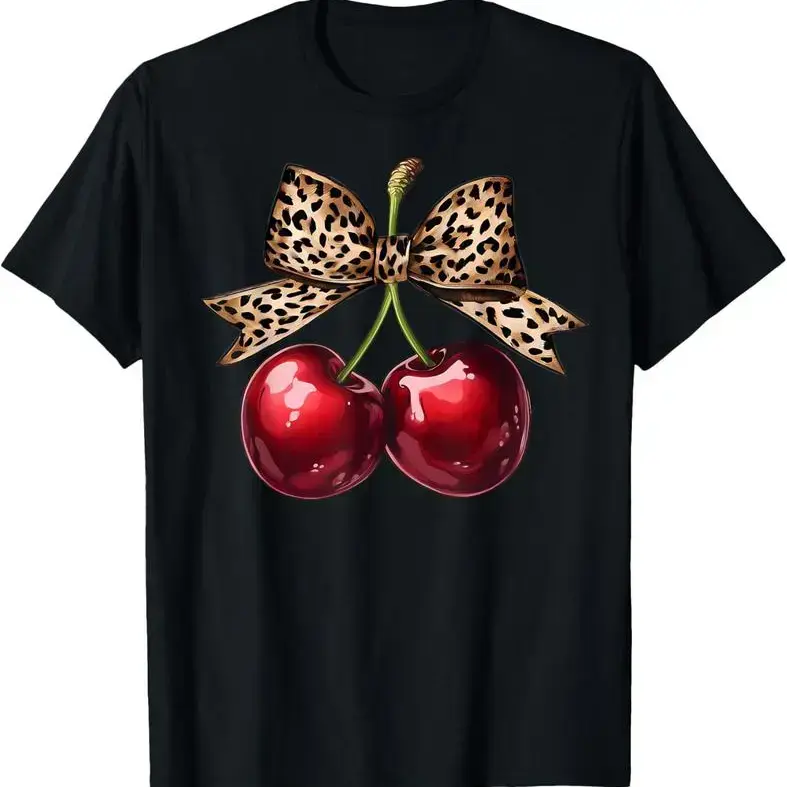 100% cotton Retro Cherry Leopard Coquette Bow Cute Cherries Women T-Shirt women graphic shirts Fit Outfit
