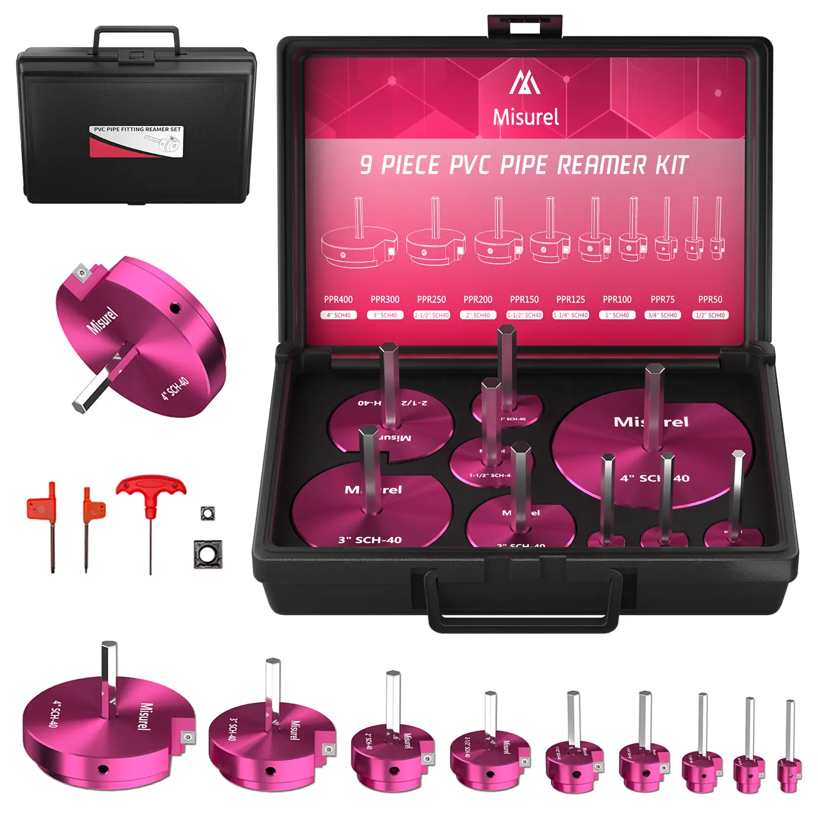 9 Pcs PVC Pipe Reamer Kit With 1/2 inch, 3/4 inch, 1 inch, 1-1/4inch, 1-1/2inch, 2inch, 2-1/2inch, 3inch, 4inch, PVC Fitting Saver, PVC Reamer, Alumin