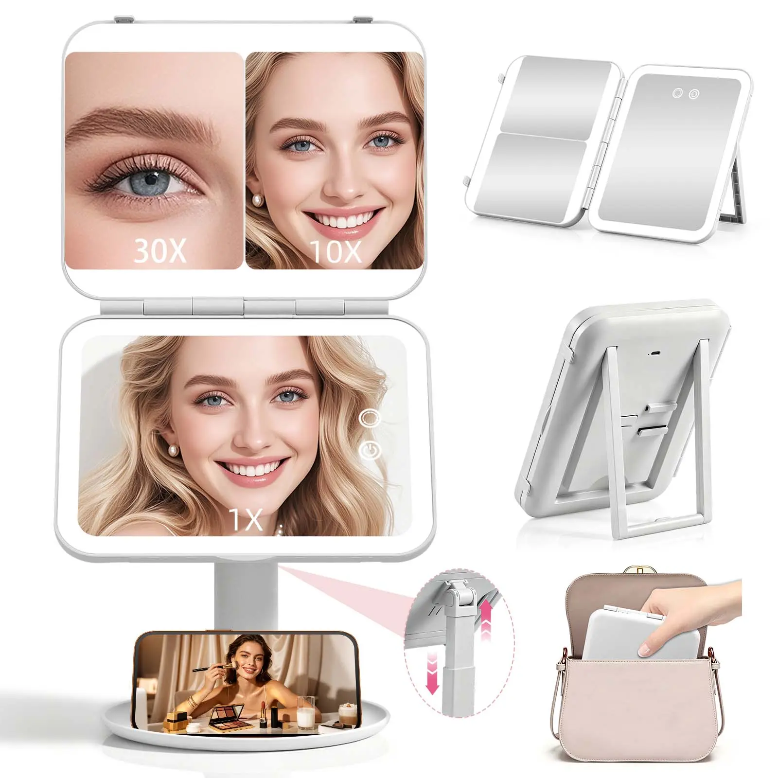 Vanity Makeup Mirror with Lights, Large Lighted 10X & 40X Magnifying Mirror | 3 Colors Dimming Light, Rechargeable, Detachable, Adjustable Height, 180° Rotation, Home & Travel Use, Gift for Women