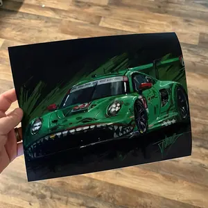 Apex Art Rexy Print IMSA Art Print Green Porsche Racing Car with Monster Teeth Design
