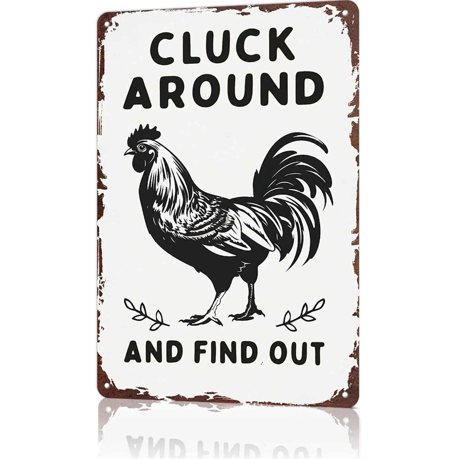 8x12 Inch Aluminium "Cluck Around And Find Out" Rooster Metal Sign, Novelty Bird-Themed Home Sign, Funny Vintage Rustic Plaque for Farm & Kitchen Wall Decor, Novelty Home Signs Home Signboard