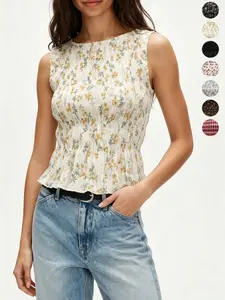Summer Casual Sleeveless Round Neck Floral Plaid Print Top, Ruffled Hem Women's Shirt, Multi-Color Options, Daily Wear