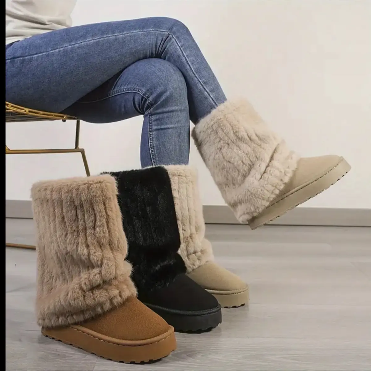 Women's Solid Color Snow Boots, Casual Slip On Plush Lined Boots, Comfortable Winter Mid Calf Boots clogs
