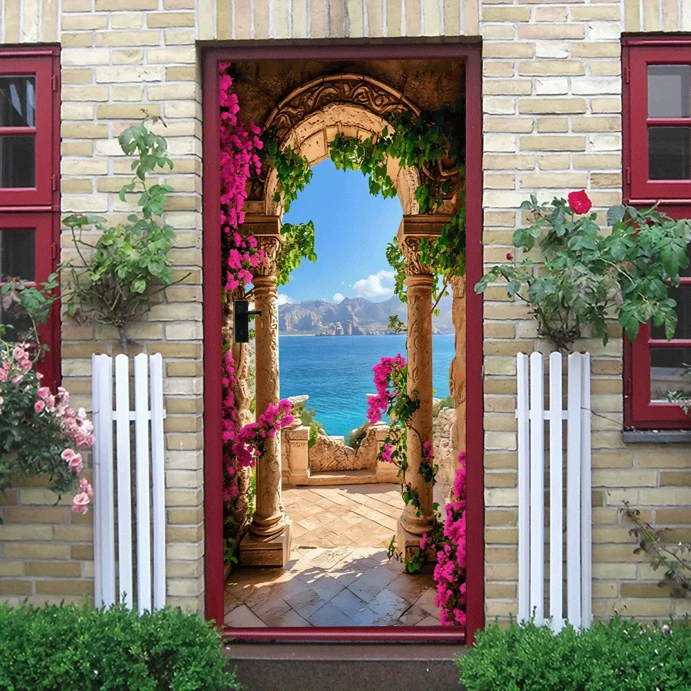 2pcs Mediterranean Style Archway Wall Sticker Stereo Simulation Architecture Decorative Sticker Self Adhesive Mural for Living Room Entrance Background Wall Faux Window Sea View Balcony Decoration Removab