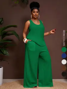 Women's Plus Size Fashion Womenswear Business Casual Vacation 2-Piece Set, Comfortable U-Neck Sleeveless Top with Pockets, Loose Fit Wide Leg Pants