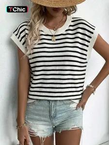 Elegant Women's Spring Summer Fashion Casual Fitted Knitted Striped Ribbed Round Neck Sleeveless Pullover Sweater Top Knitwear Womenswear