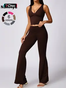 Women's High Elastic Soft Deep V-neckline Beautiful Back Bra Beveled Edge Turnable Wide Leg Pants Yoga suit Outdoor Running Cycling Walking Fashion suit Gym Training Sports Outer Wear Bra Flared Pants Yoga Clothes Set