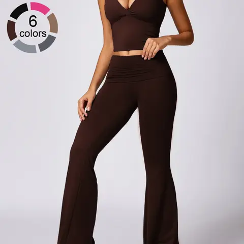 Women's High Elastic Soft Deep V-neckline Beautiful Back Bra Beveled Edge Turnable Wide Leg Pants Yoga suit Outdoor Running Cycling Walking Fashion suit Gym Training Sports Outer Wear Bra Flared Pants, Athleisure Wear Women Workout Clothes