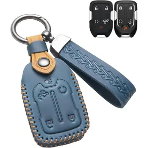 Key Fob Cover Leather Car Key Case Keychain Fob Holder  with 2017-2024 Chevy Chevrolet Silverado Tahoe GMC Terrain Acadia Yukon Sierra 1500 2500HD 3500HD Suburban (XFLA-Blue)
