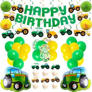 76Pcs Green Tractor Themed Party Supplies With Tractor Banner Balloons Garland, Hanging Swirl And Cupcake Toppers For Farm Tractor Decorations As Themed Party Favors