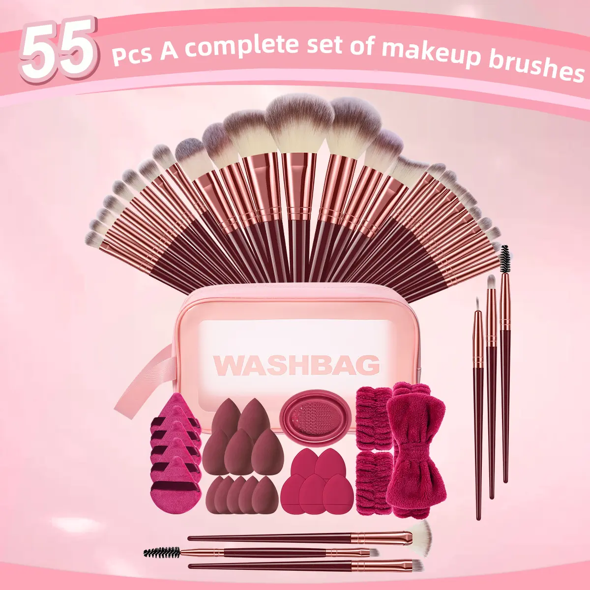 55pcs Face Makeup Tools Set,30pcs Makeup Brushes&Wash Bag&Hair Strap&2pcs Wrist Strap&5pcs Large Makeup Sponge Powder Puffs&5pcs Fan Powder Puffs&5pcs Mini Makeup Sponges&5pcs Thumb Powder Puffs&Brush Bowl