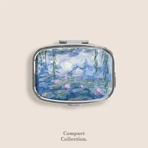 Claude Monet Water Lilies Small Pill Box Pill Organiser Ring Trinket Stash Medicine Vitamins Gum Tic Tacs Mint Metal Pill Bottle Case Dispenser Holder Travel Size gifts for girl For Boyfriend under 100 dollars