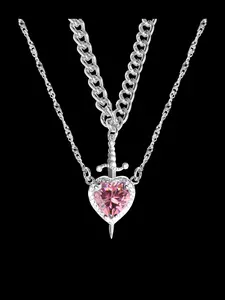 Elegant Zircon Heart Dagger Pendant Necklace Set, Detachable Dual Layer Clavicle Chain, Perfect Gift for Women Birthdays & Anniversaries, Heart Shaped Necklace