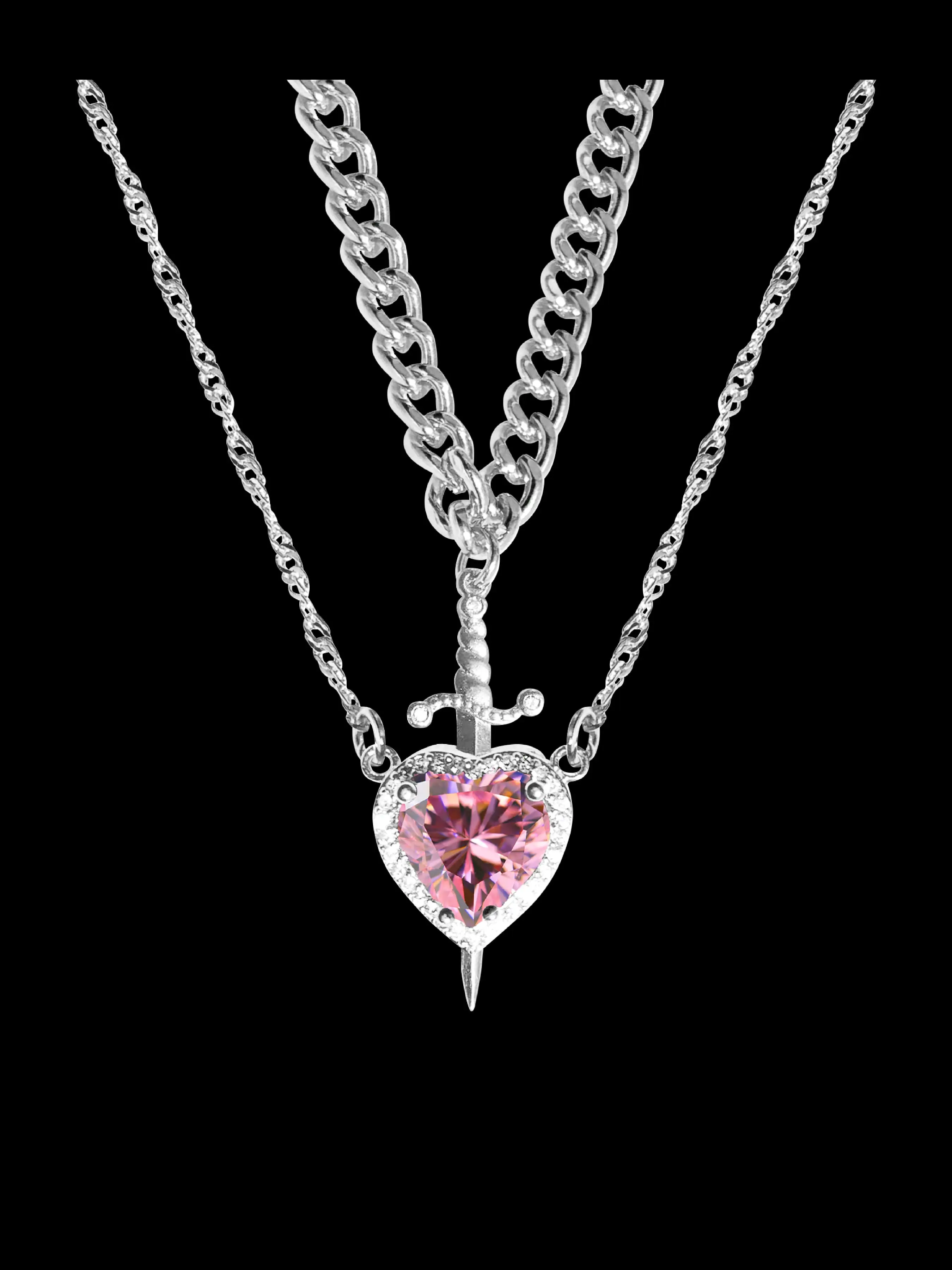 Elegant Zircon Heart Dagger Pendant Necklace Set, Detachable Dual Layer Clavicle Chain, Perfect Gift for Women Birthdays & Anniversaries, Heart Shaped Necklace