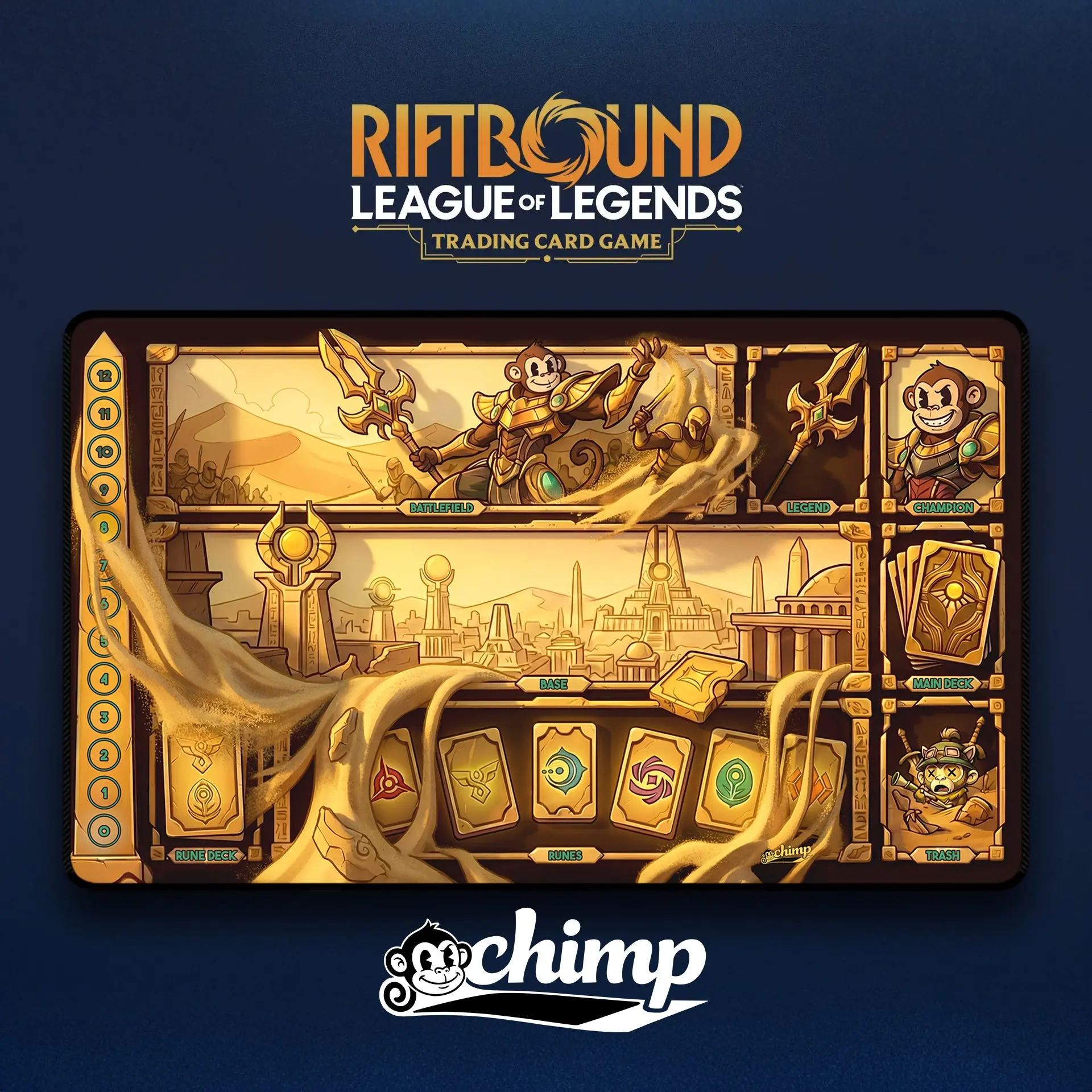 Azir Chimped Riftbound TCG Playmat - Rubber and Fabric Edge Stitched 3mm Thick 24in x 14in For Competitive Play