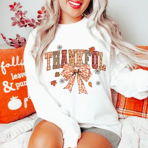 Women's Thankful Sweatshirt, Thanksgiving Sweatshirt, Fall Fashion, Sweater Weather, Thankful Coquette Bow, Autumn Crewneck bow shirt happy thanksgiving long sleeve thanksgiving sweatshirt