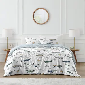 Sweet Jojo Designs Vintage Airplane Boy Queen Comforter Set Full Size Bedding for Kids Teen Adult Bed Room 3pc Grey Green Blue White Yellow Airplanes Air Plane Transportation Clouds Sun Sky Aviator