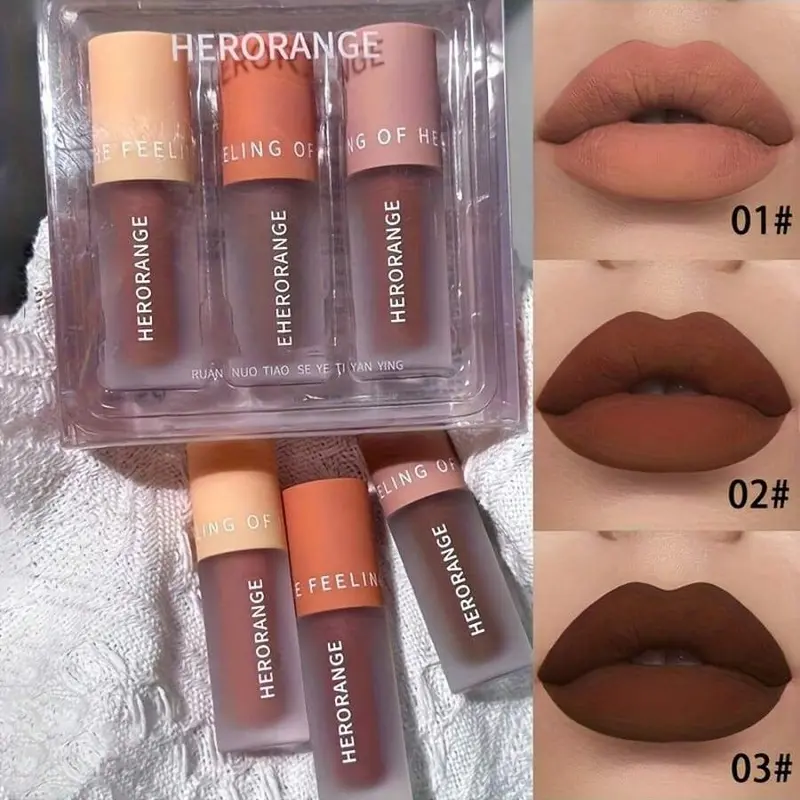 HERORANGE - Set of 3 Velvety Lip Mousses, Lip Makeup Set, 2 in 1 Lipstick and Lip Tint Nude Matte, Smooth and Low Saturation Finish, Long Lasting, Fade Resistant, Perfect for Parties, Stages and Festivals, Gift, Cheap Gin, Inpresci