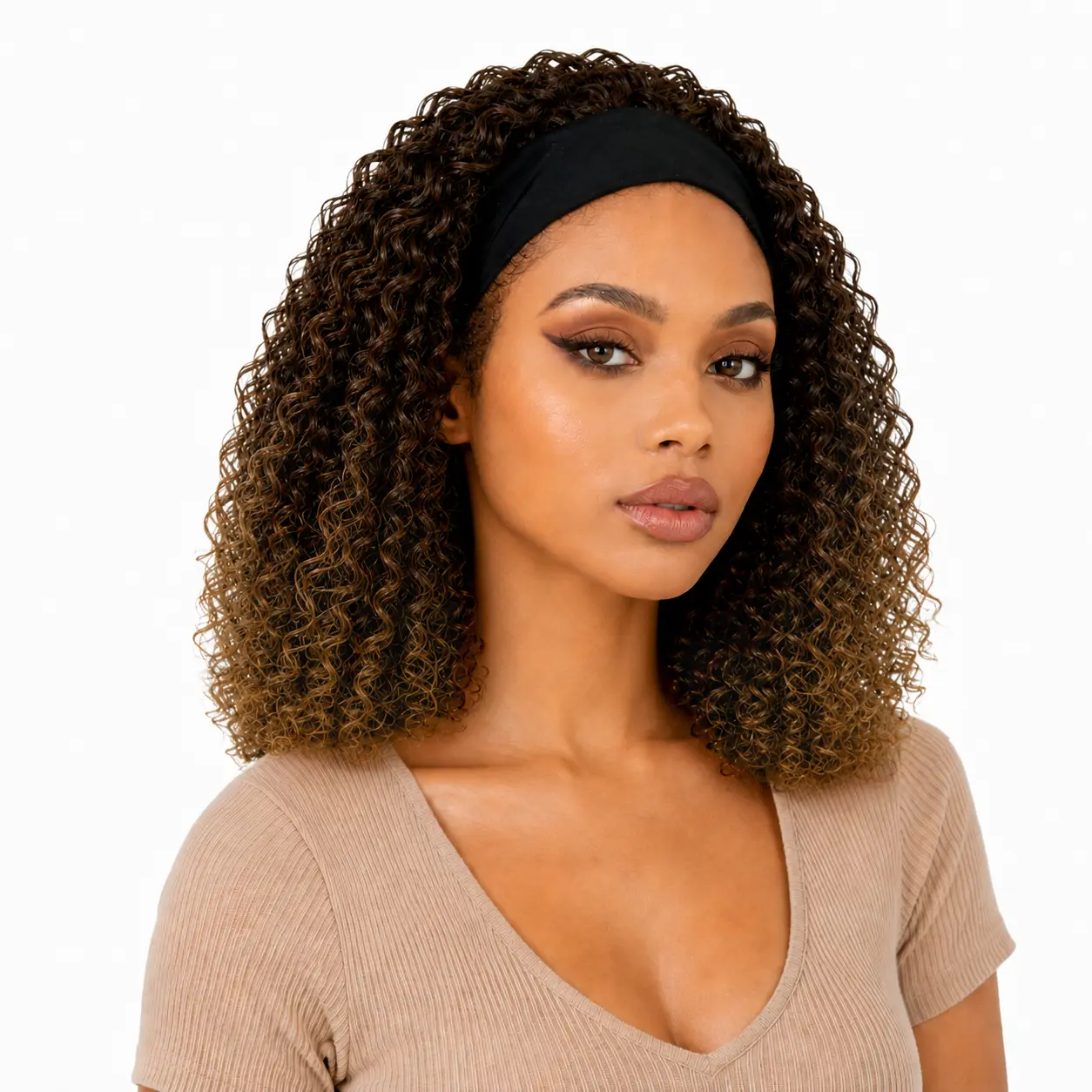 Auvzy Hair 14 Inch Headband Wig Synthetic Hair No Glue Afro Kinky Curly Scarf Wig With Headband 180% Density Glueless Half Wig Natural Dark Almond Brown Easy To Wear #TikTokShopDealsforYouDays