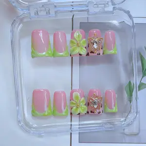 Green Nails,  Handmade 3D Flower & Hand Drawn Green Flower Design And Sparkling Rhinestone & Golden Bow And Golden Cross Decor Duck Nails Fake Nails, 10pcs/set Glossy Handmade Press On Nails, For Women & Girls DlY Nail Art, Nail Supplies, Short Nails