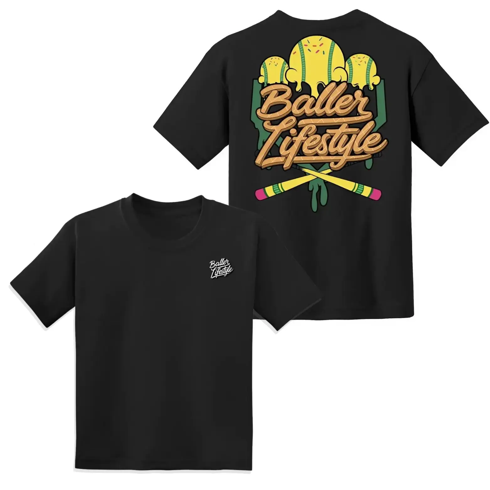 Youth and Adult Pencil Bat Drip Baller Lifestyle T-Shirt, 2-Sided Baseball Shirt, Back to School Gift for Boys and Girls by Joy Cotton Chic , By Colonial Shop