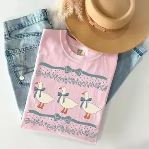 Comfort Colors 1980s Blue Ribbon Goose With Hearts Ugly T-Shirt, Original Shirt Bows and Adorable Doodle Hearts Animal Lover T-Shirt, Duck T-Shirt